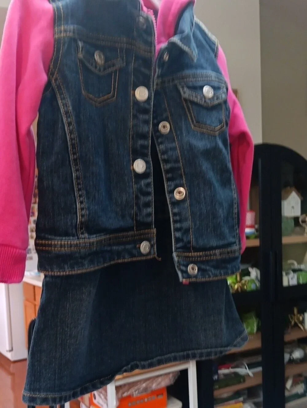 Girls Dark Blue Denim Overall Dress with Heart Front Pocket